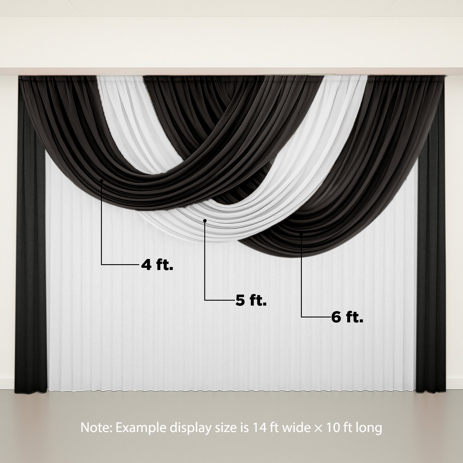 White sheer chiffon valance curtain draped backdrop panel.