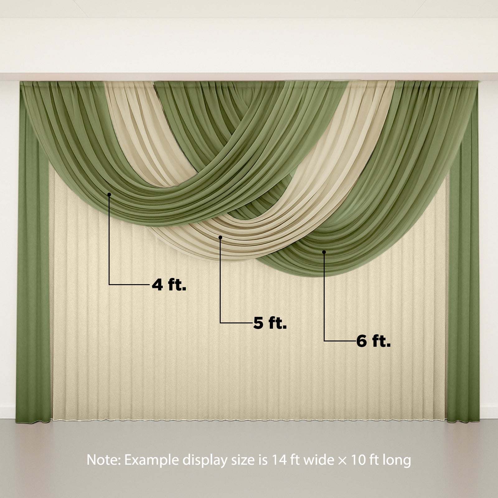 Dusty sage green sheer chiffon valance curtain draped elegantly.