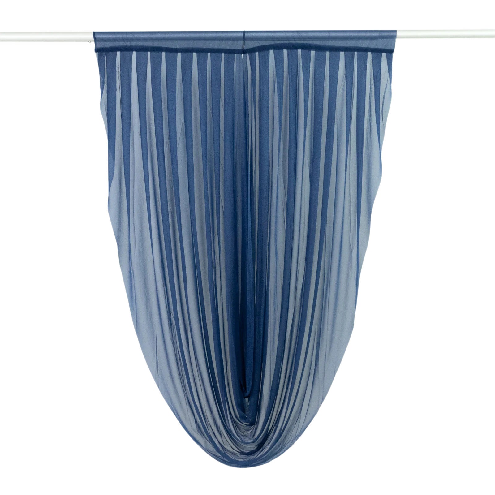Navy blue draped curtain with vertical pleats for elegant window decor.