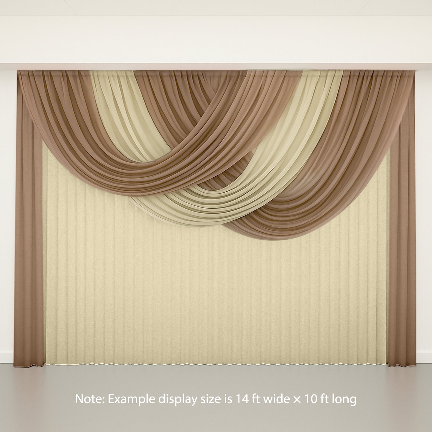 Taupe sheer chiffon valance curtain draped elegantly in a wedding setting.