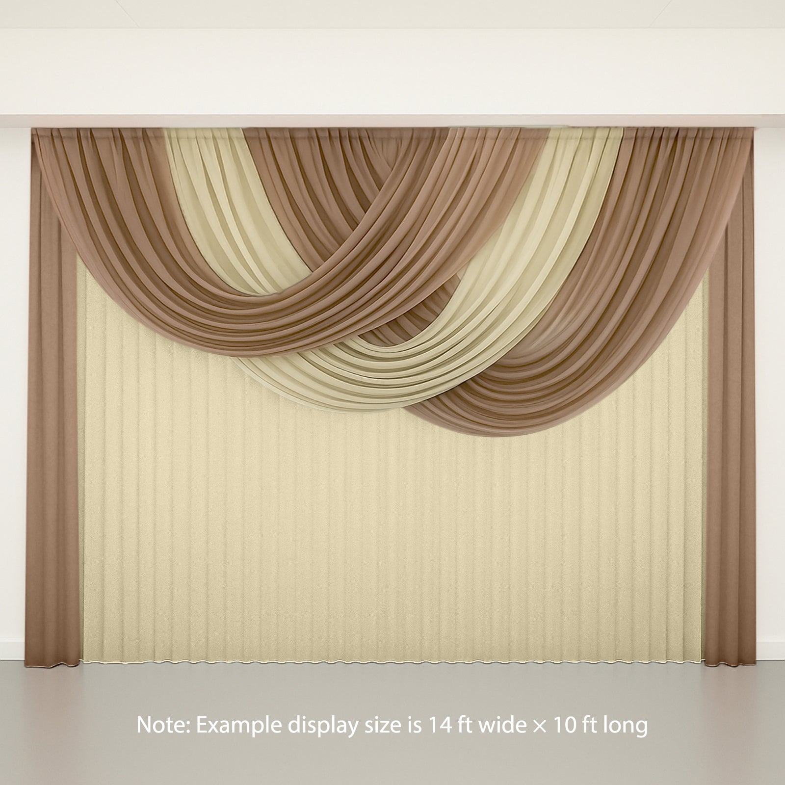 Taupe sheer chiffon valance curtain draped elegantly in a wedding setting.