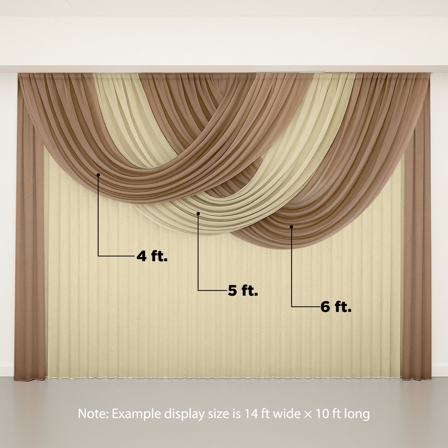 Taupe sheer chiffon valance curtain draped elegantly in a wedding arch setup.