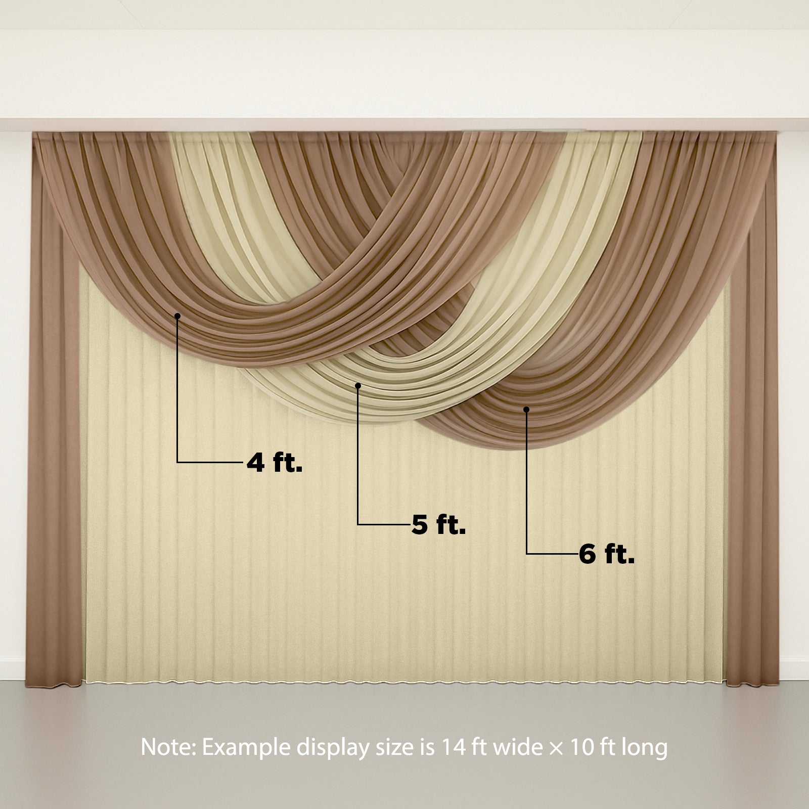Taupe sheer chiffon valance curtain draped elegantly in a wedding arch setup.