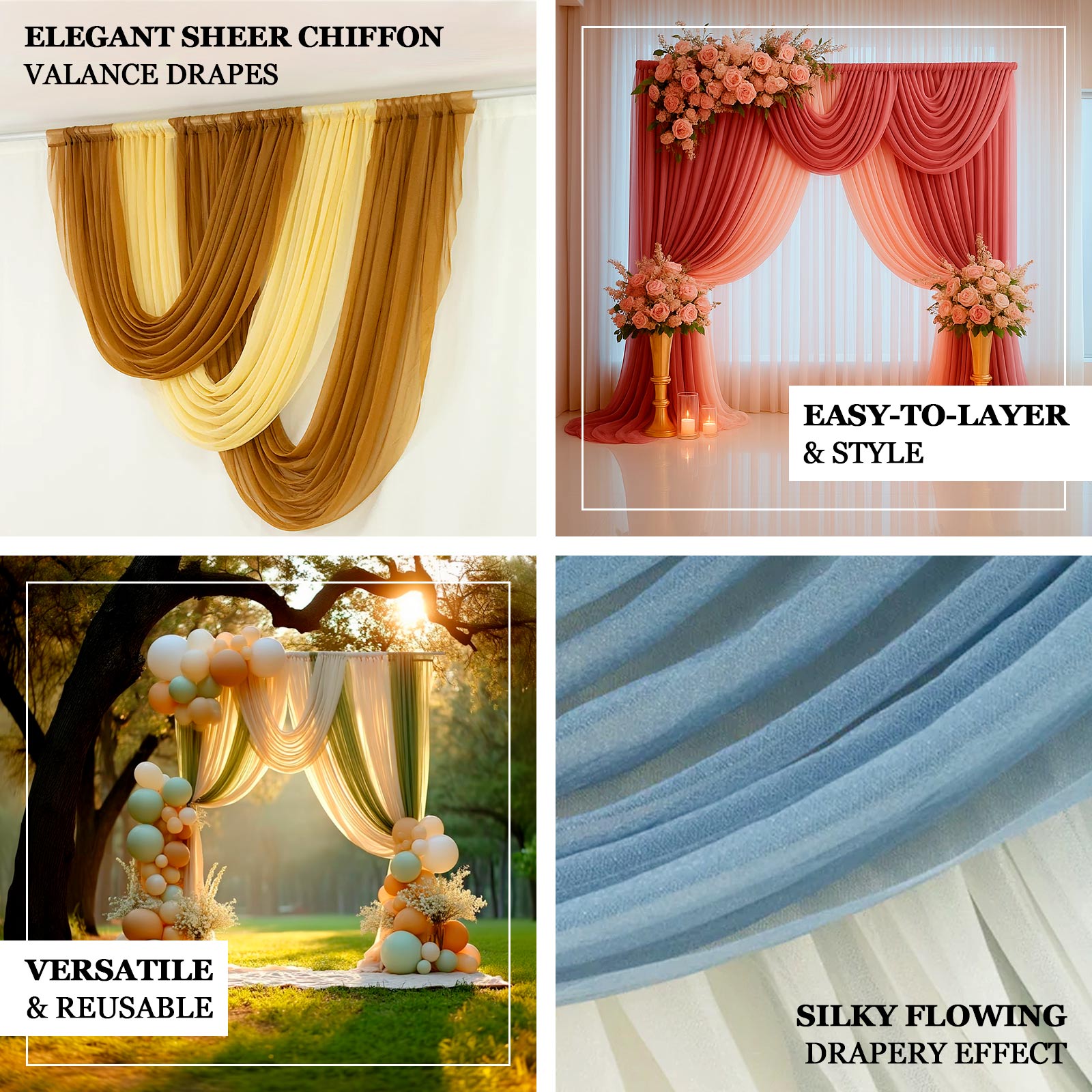 Beige sheer chiffon backdrop valance drapes for elegant event decor.