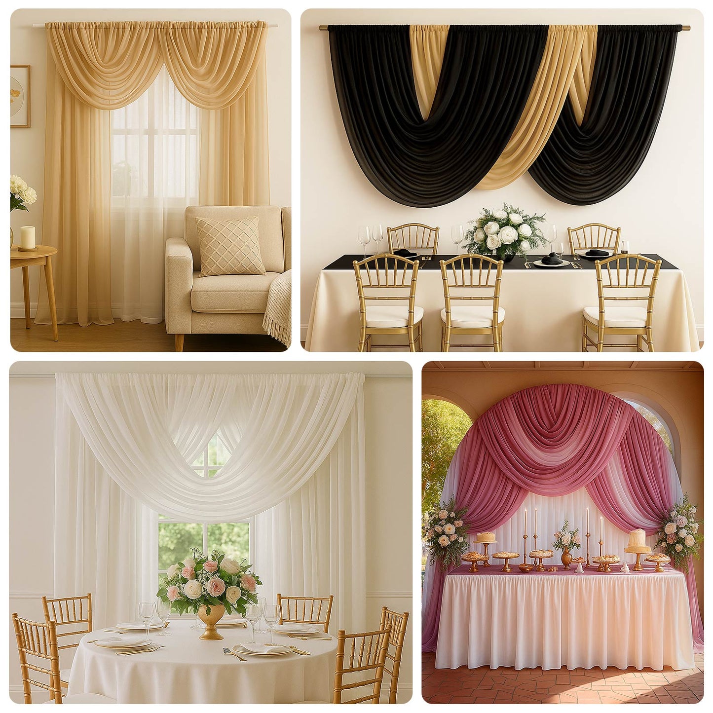 Sheer Chiffon Valance Curtain 4ft x 5ft – Wedding Arch Drape with Rod Pocket, Voile Backdrop Panel
