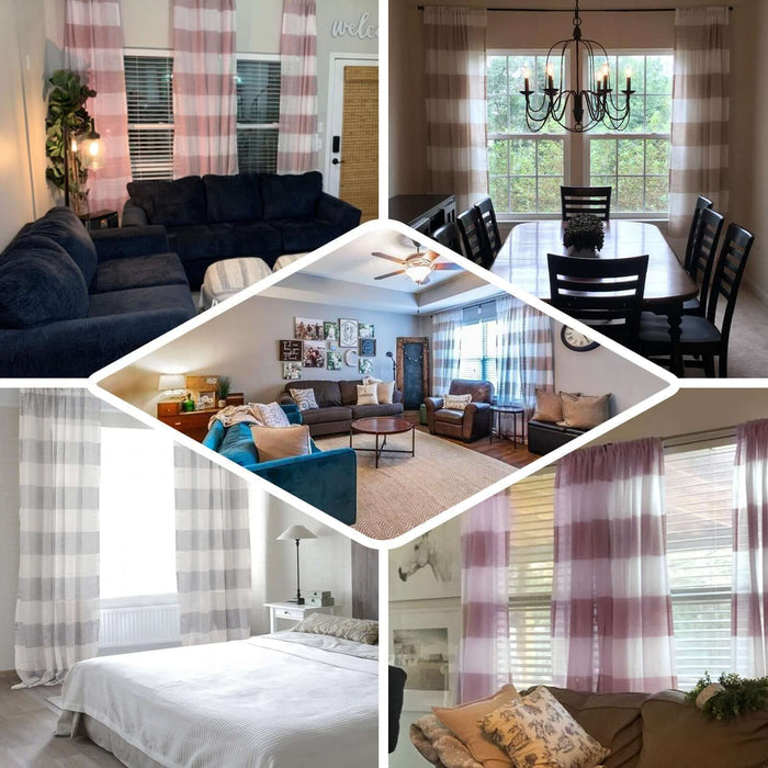 White and lavender lilac faux linen curtain panels with chrome grommets.