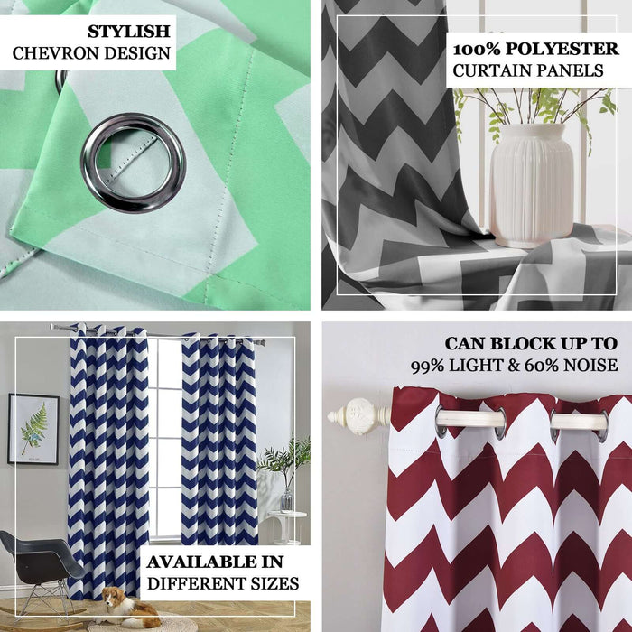 2 Pack | White/Baby Blue Chevron Design Thermal Blackout Curtains With Chrome Grommet Window Treatment Panels - 52"x84"