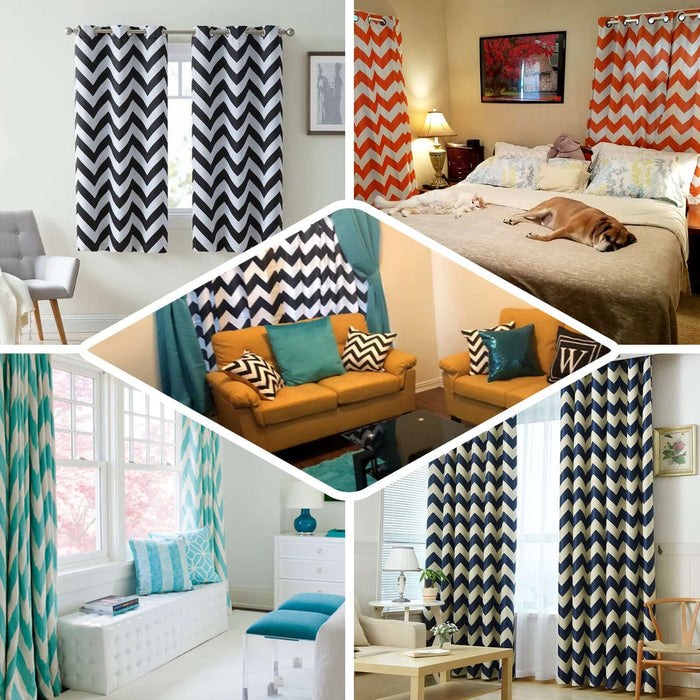 White chevron blackout curtains with chrome grommets, 52"x108".
