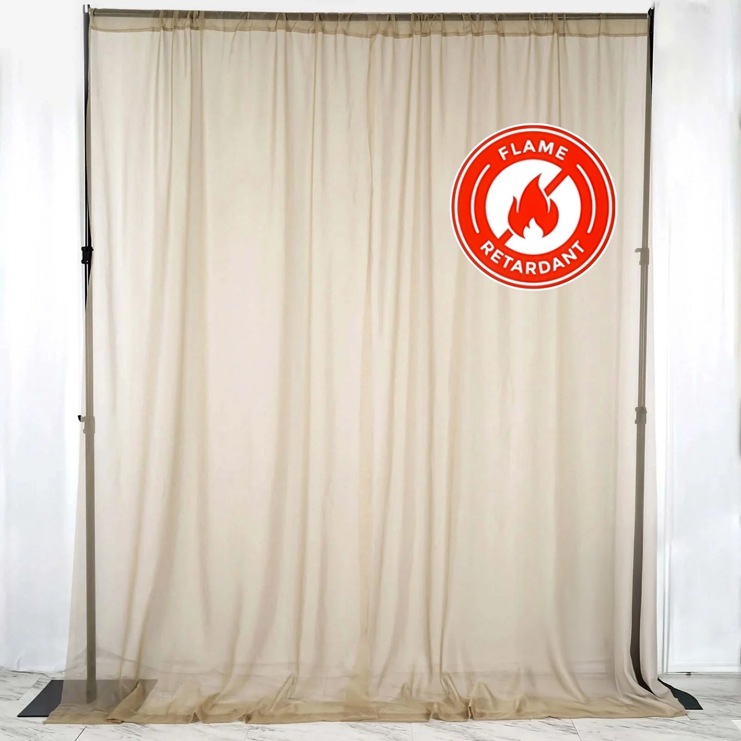 Natural chiffon backdrop drape curtains in beige, flame resistant sheer organza.