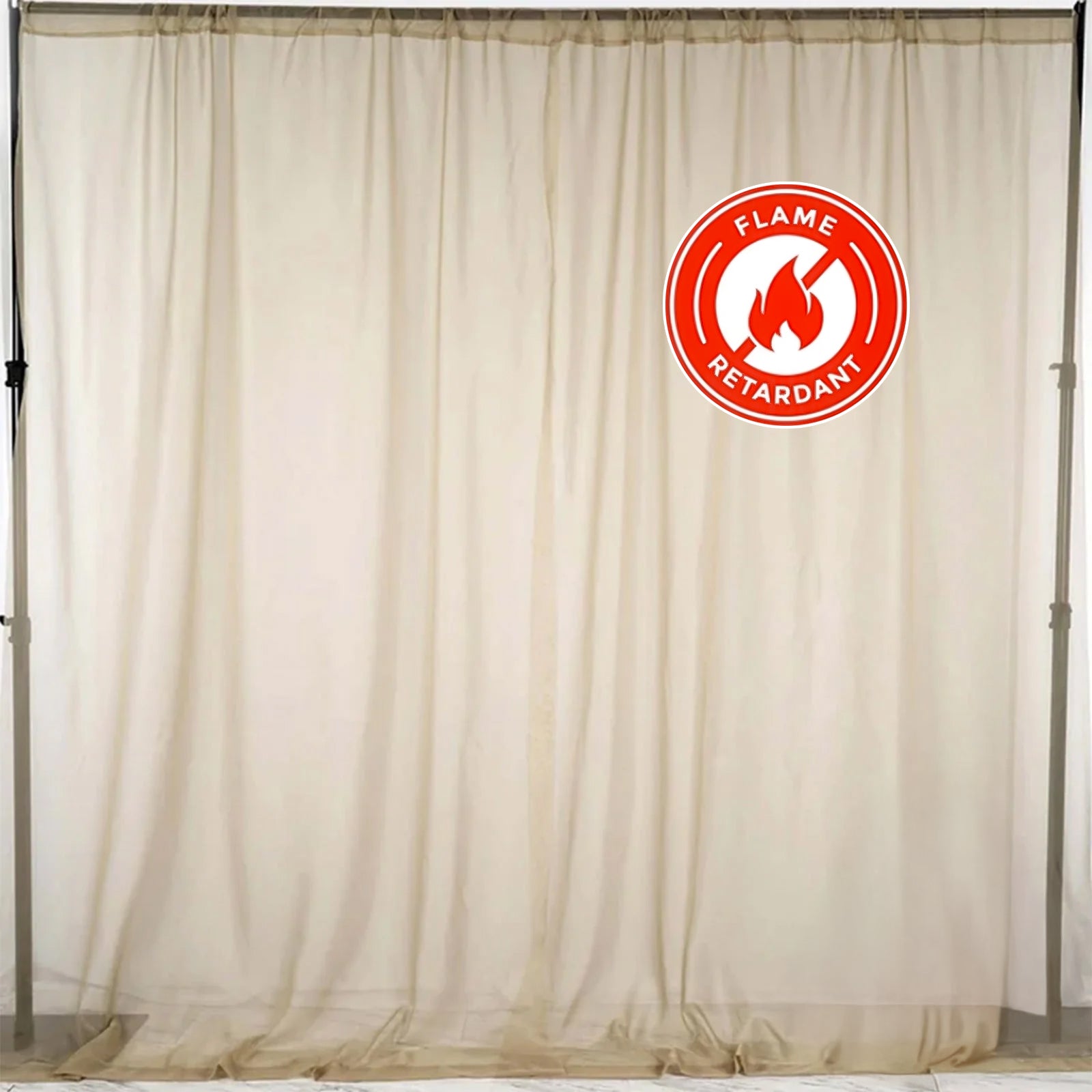 Natural chiffon backdrop drape curtains in beige, flame resistant and sheer. #whtbkgd