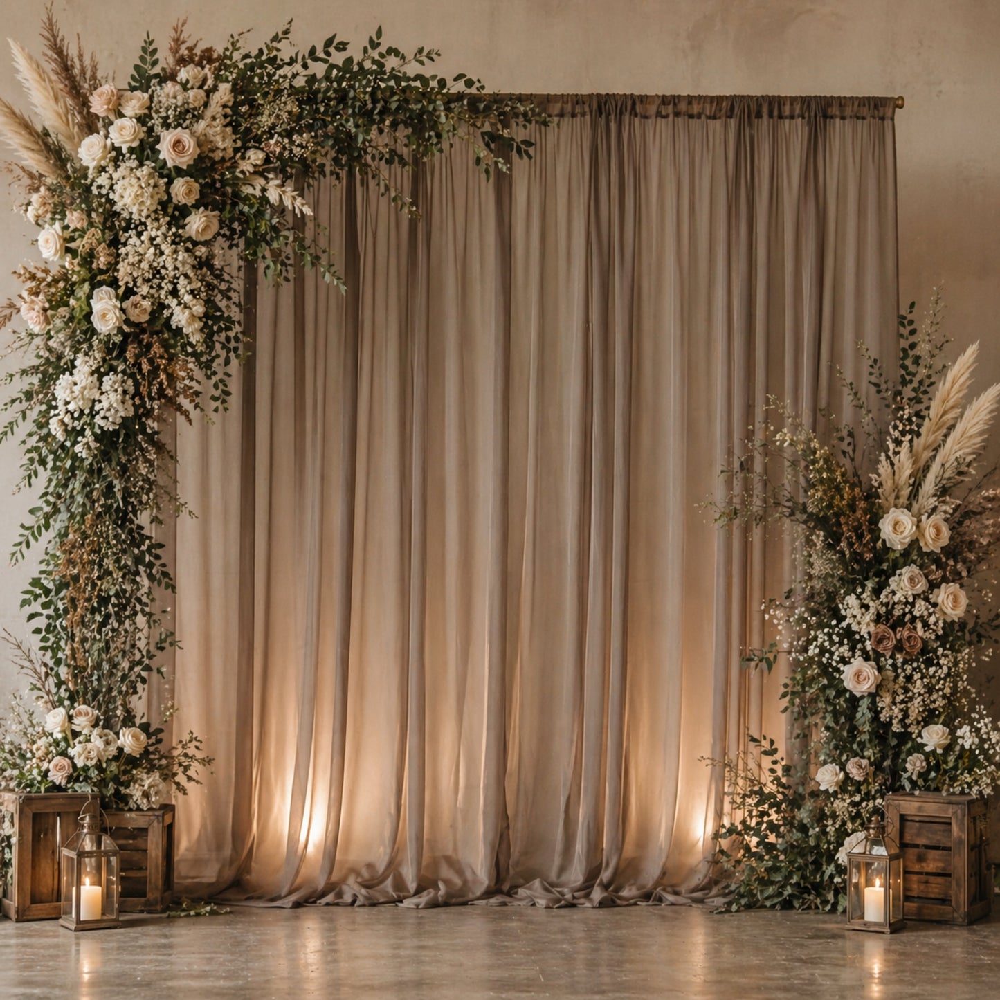 Natural chiffon backdrop curtain panel in a soft beige setting with floral decorations.