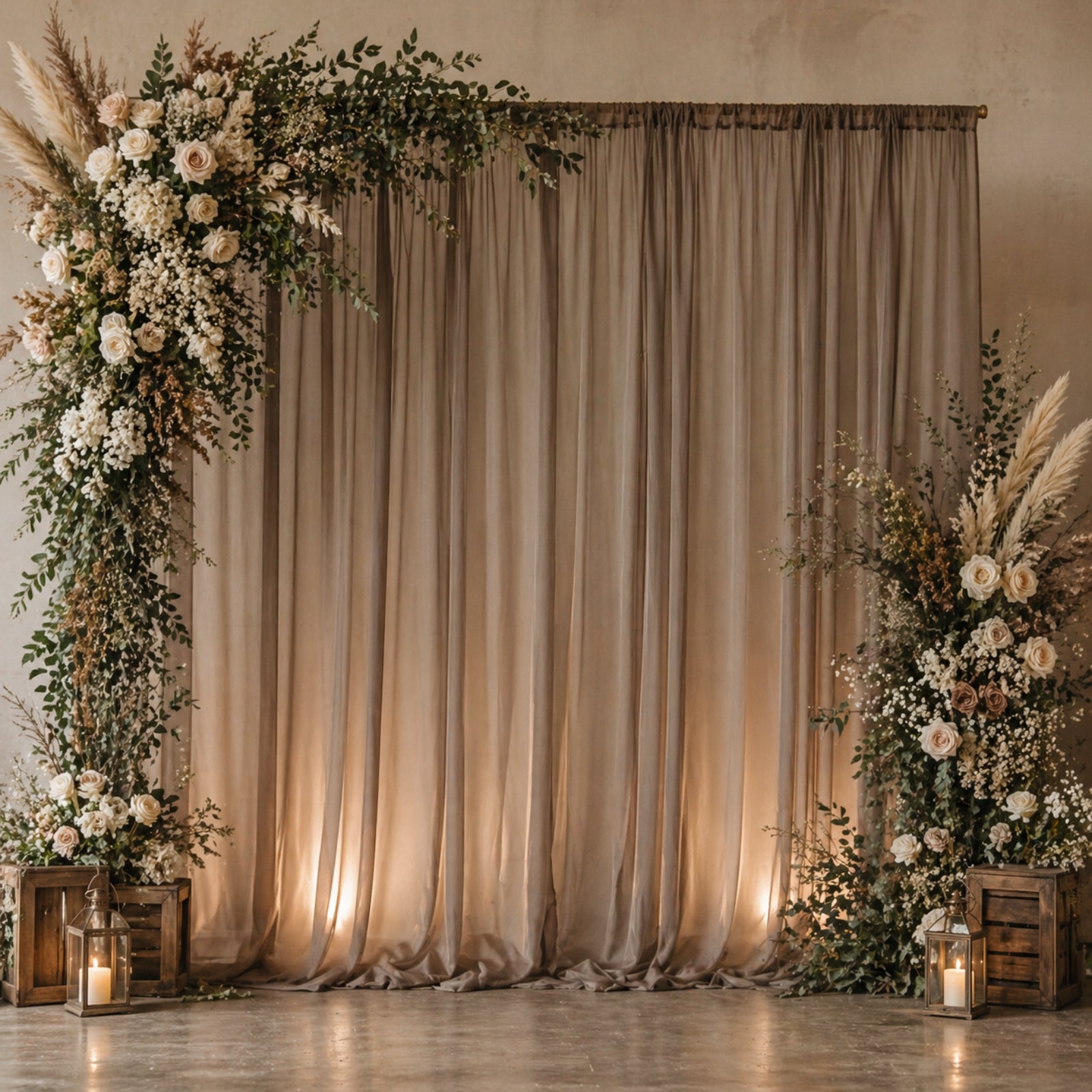 Natural chiffon backdrop curtain panel in a soft beige setting with floral decorations.