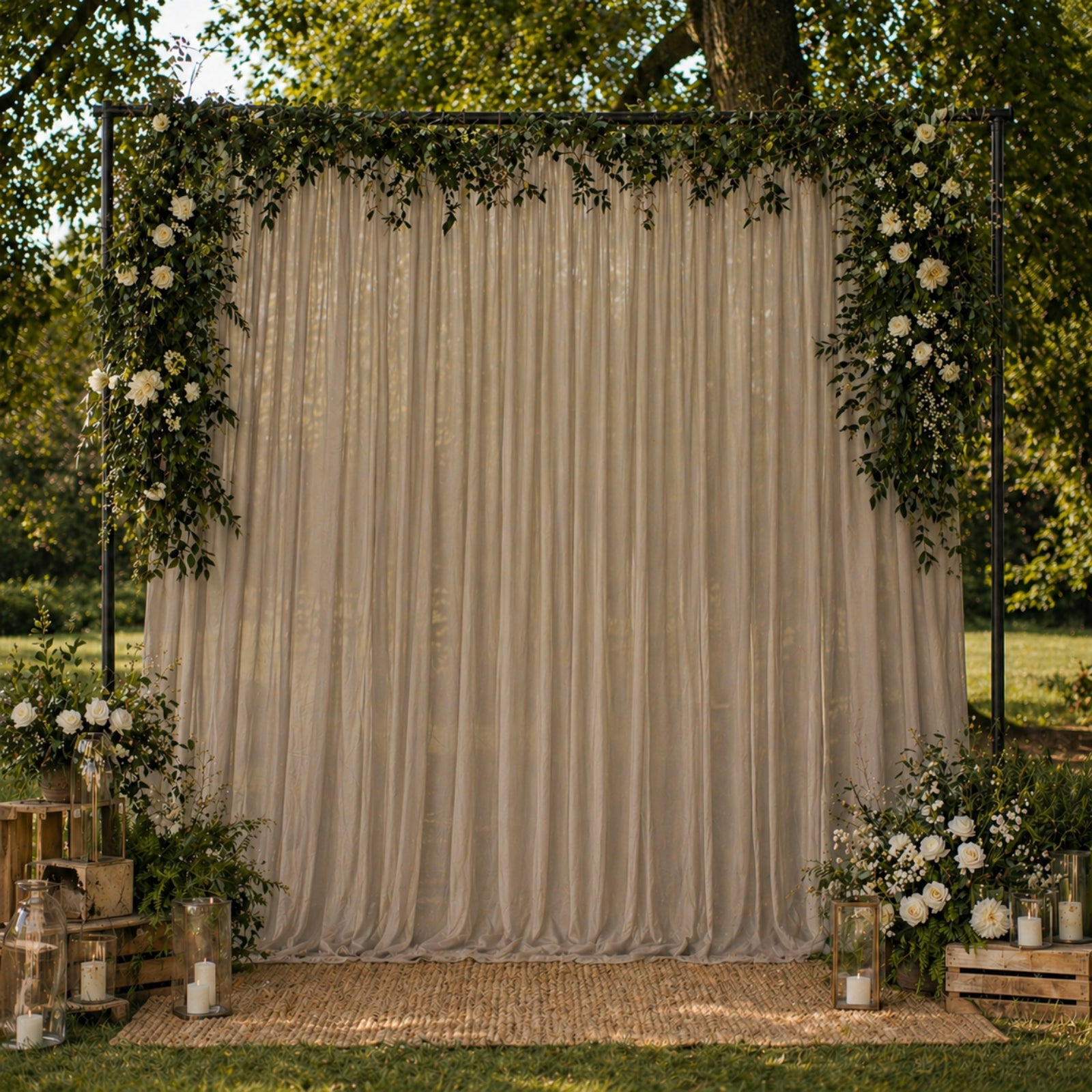 Natural sheer chiffon backdrop curtain panel with floral decor.
