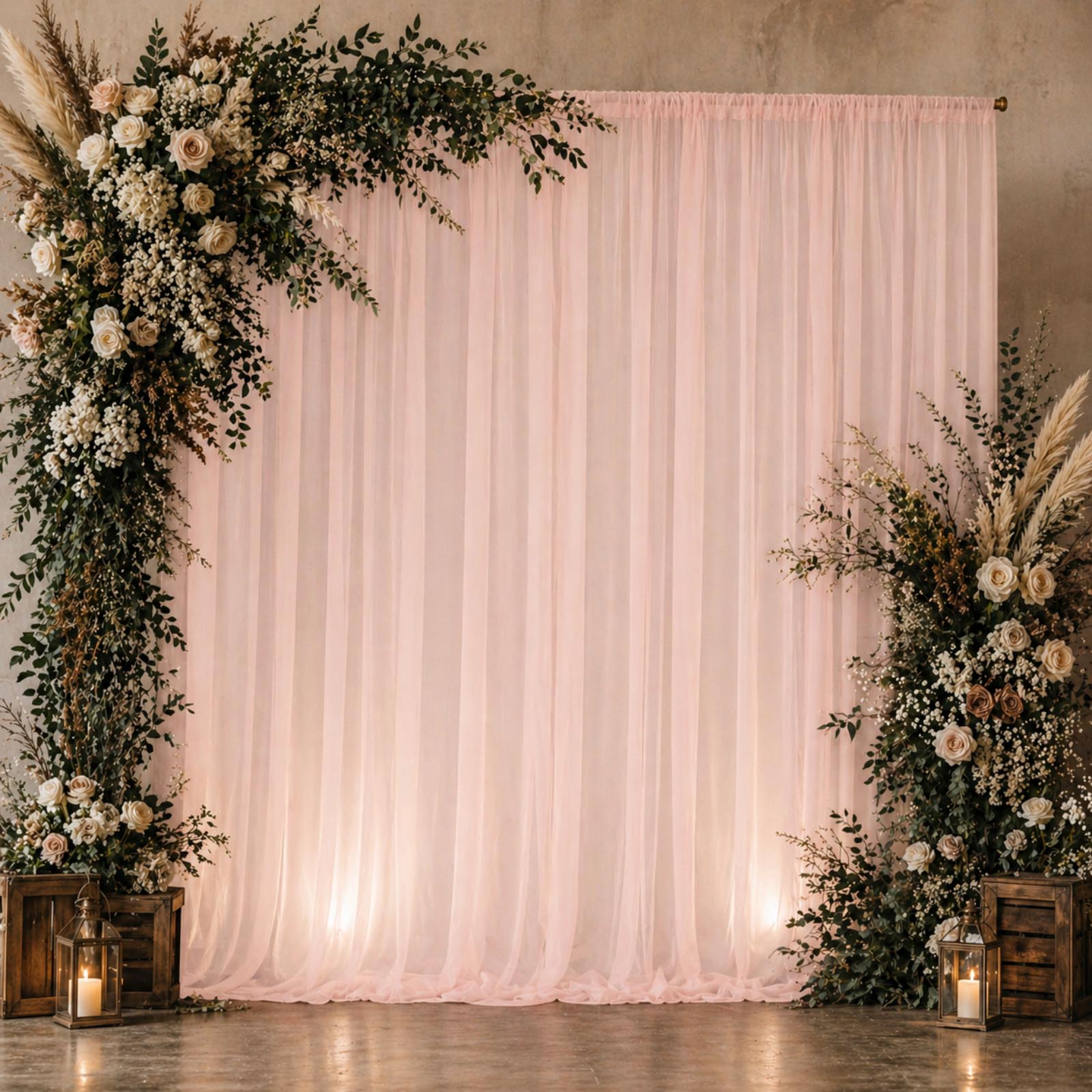 Blush chiffon backdrop curtain panel with floral arrangement.