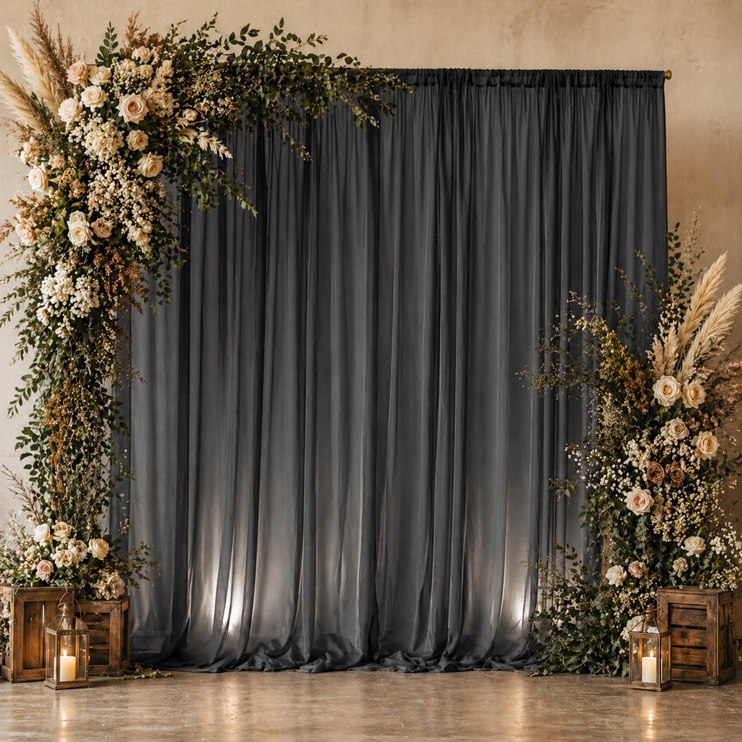 Black chiffon backdrop curtain panel with sheer draping fabric.