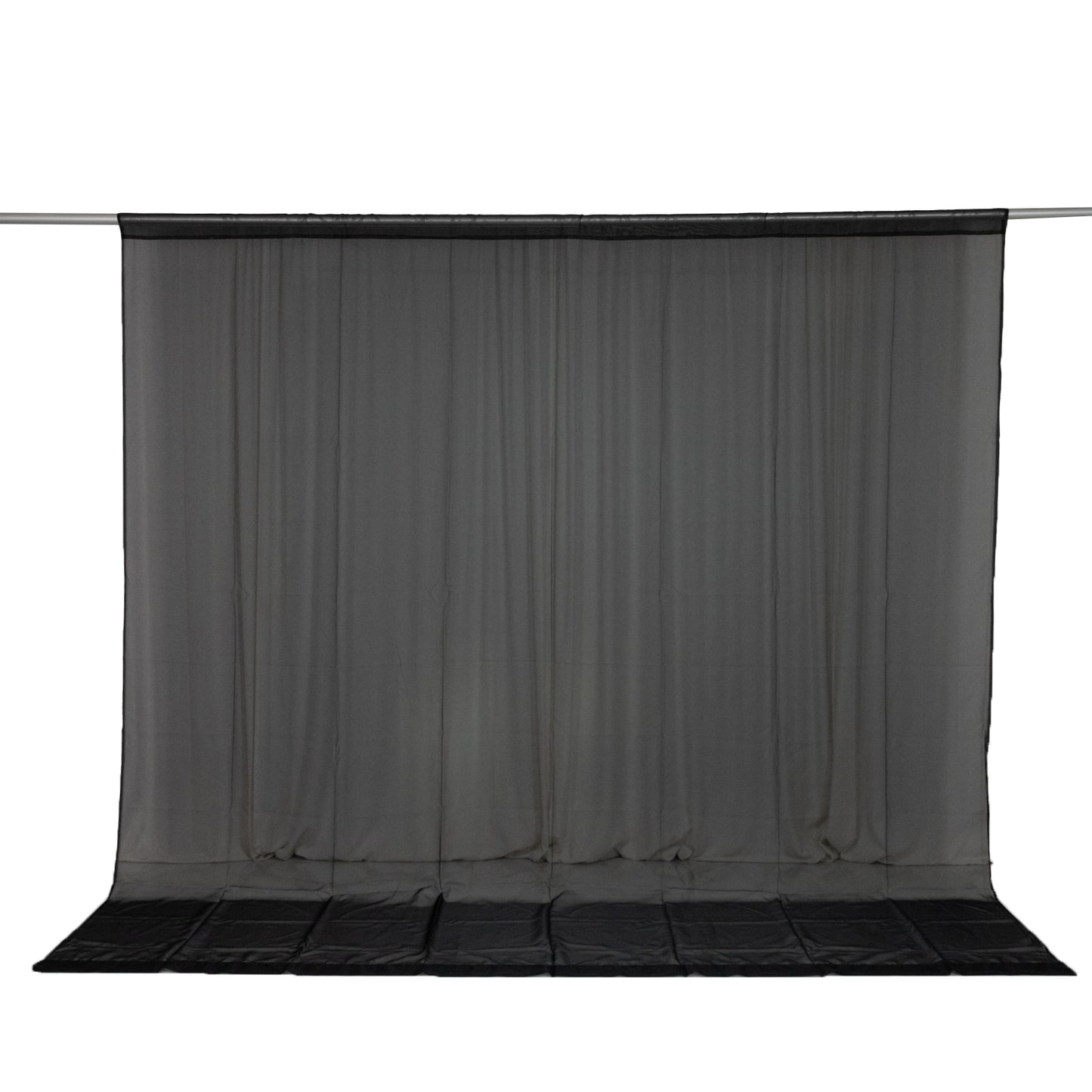 Black chiffon backdrop curtain panel, flame-resistant sheer draping fabric.