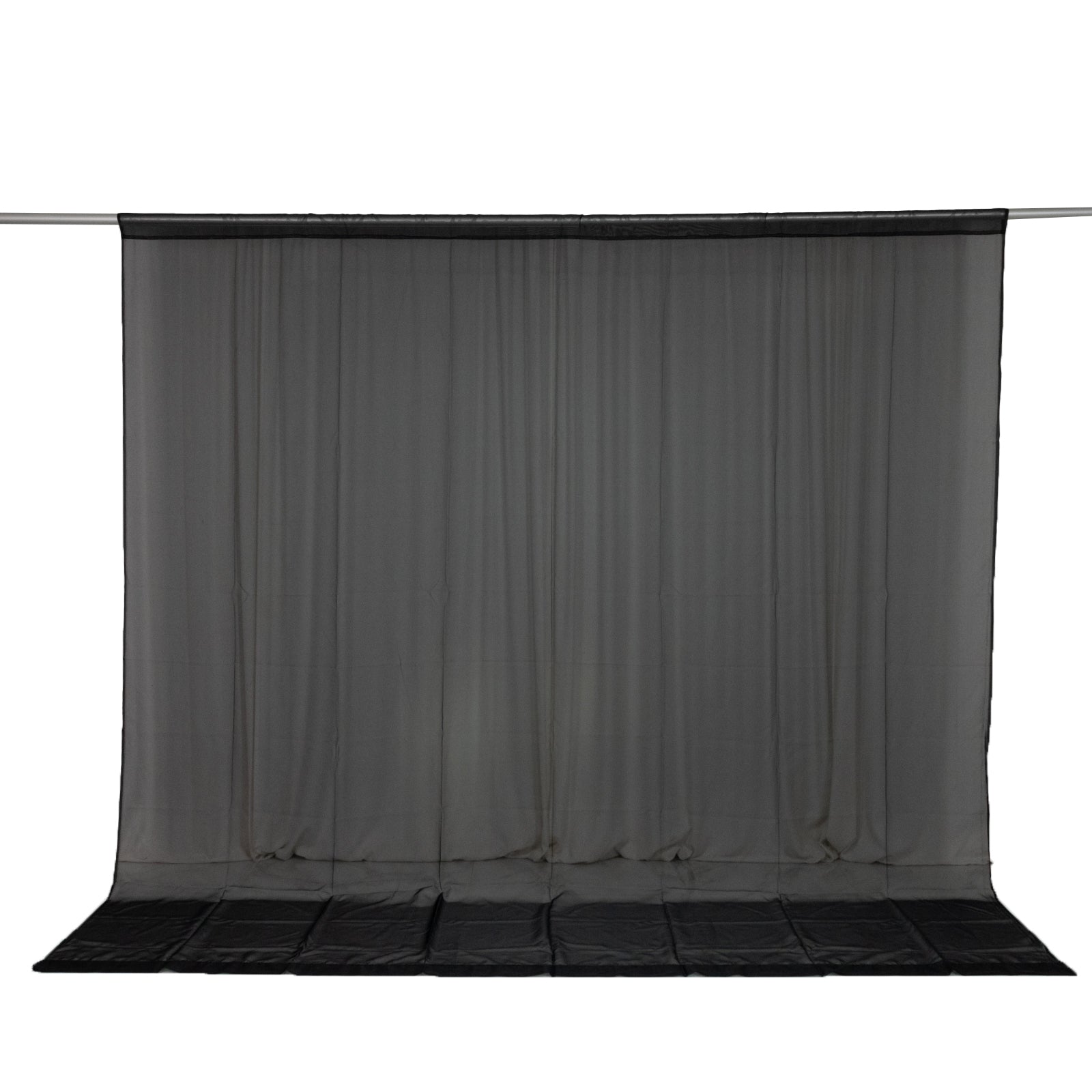 Black chiffon backdrop curtain panel, flame-resistant sheer draping fabric.