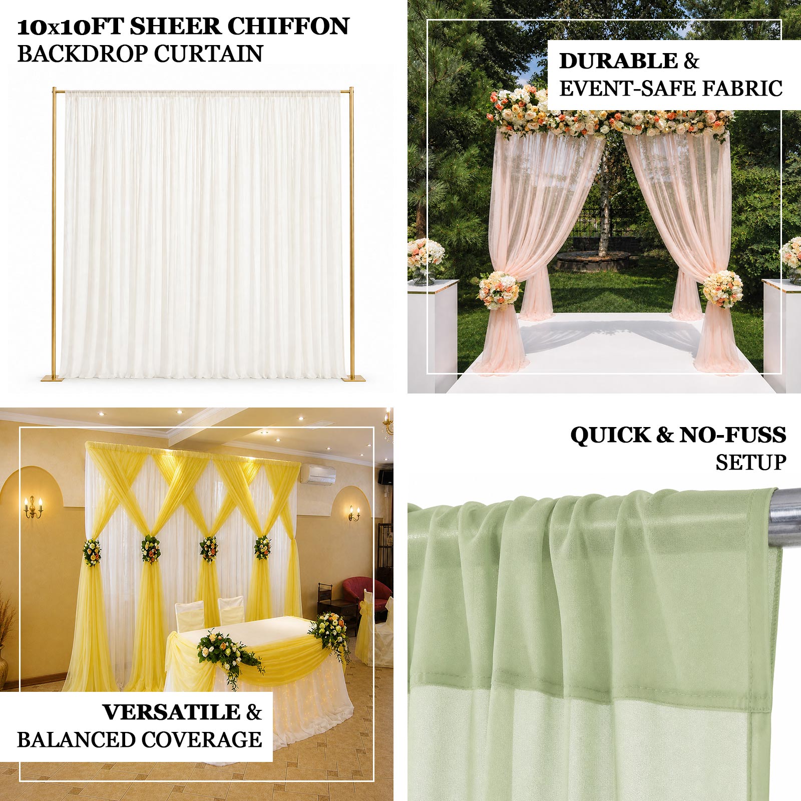 10ft x 10ft Chiffon Backdrop Curtain Panel – Durable Flame Resistant Sheer Draping Fabric with Rod P