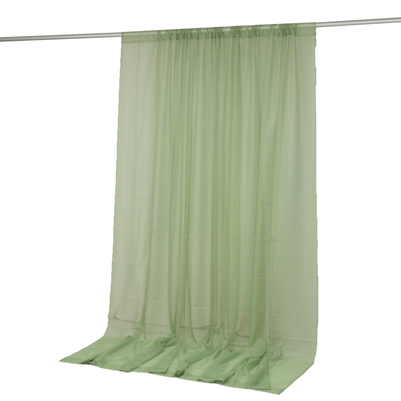 Sage green chiffon backdrop curtain panel, sheer and flame resistant.