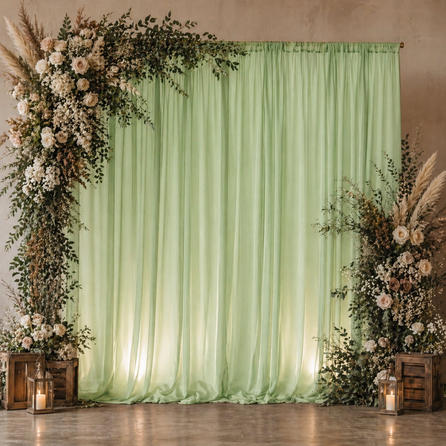 Sage green chiffon backdrop curtain panel with floral decor.
