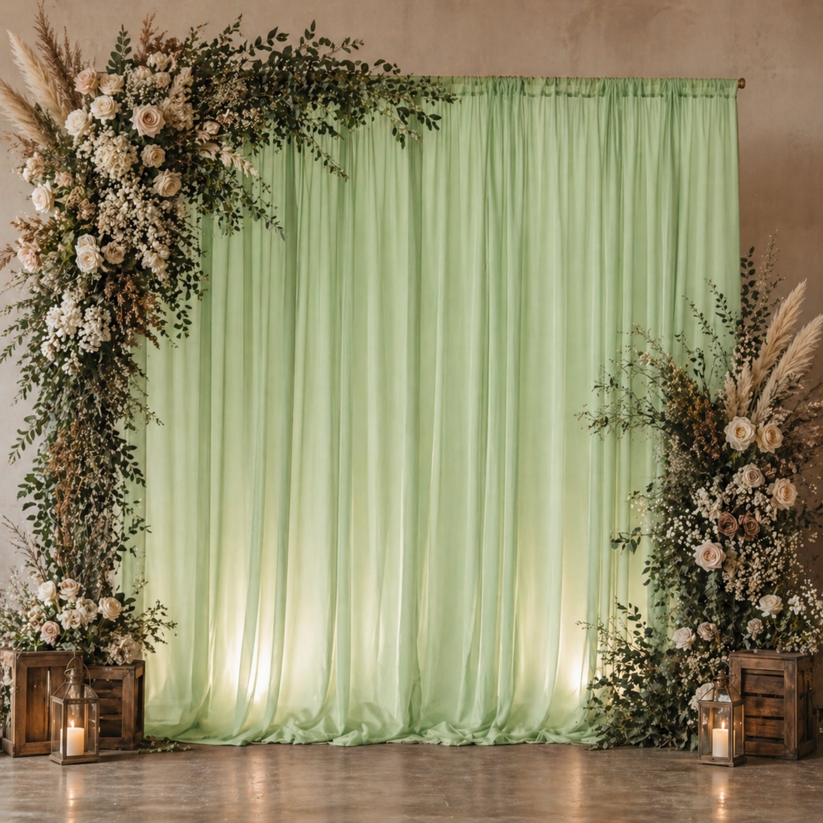 Sage green chiffon backdrop curtain panel with floral decor.