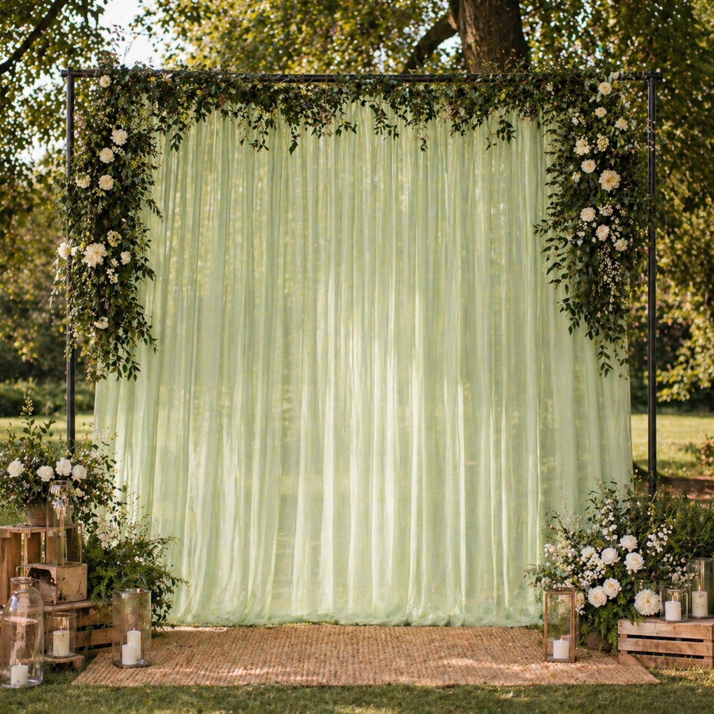 Sage green chiffon backdrop curtain panel with floral decor.