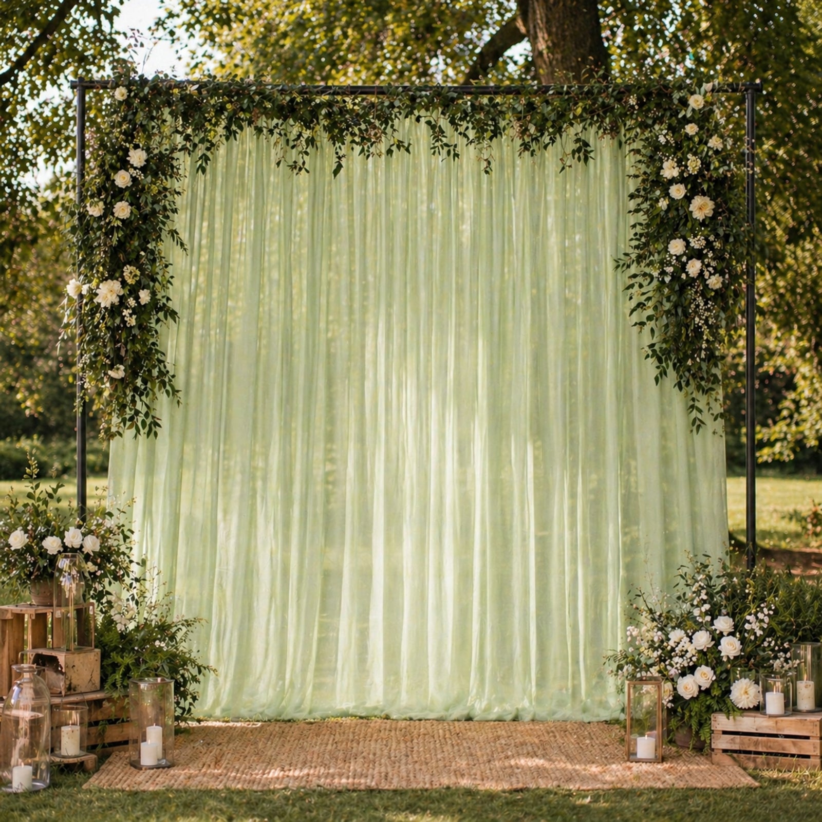 Sage green chiffon backdrop curtain panel with floral decor.