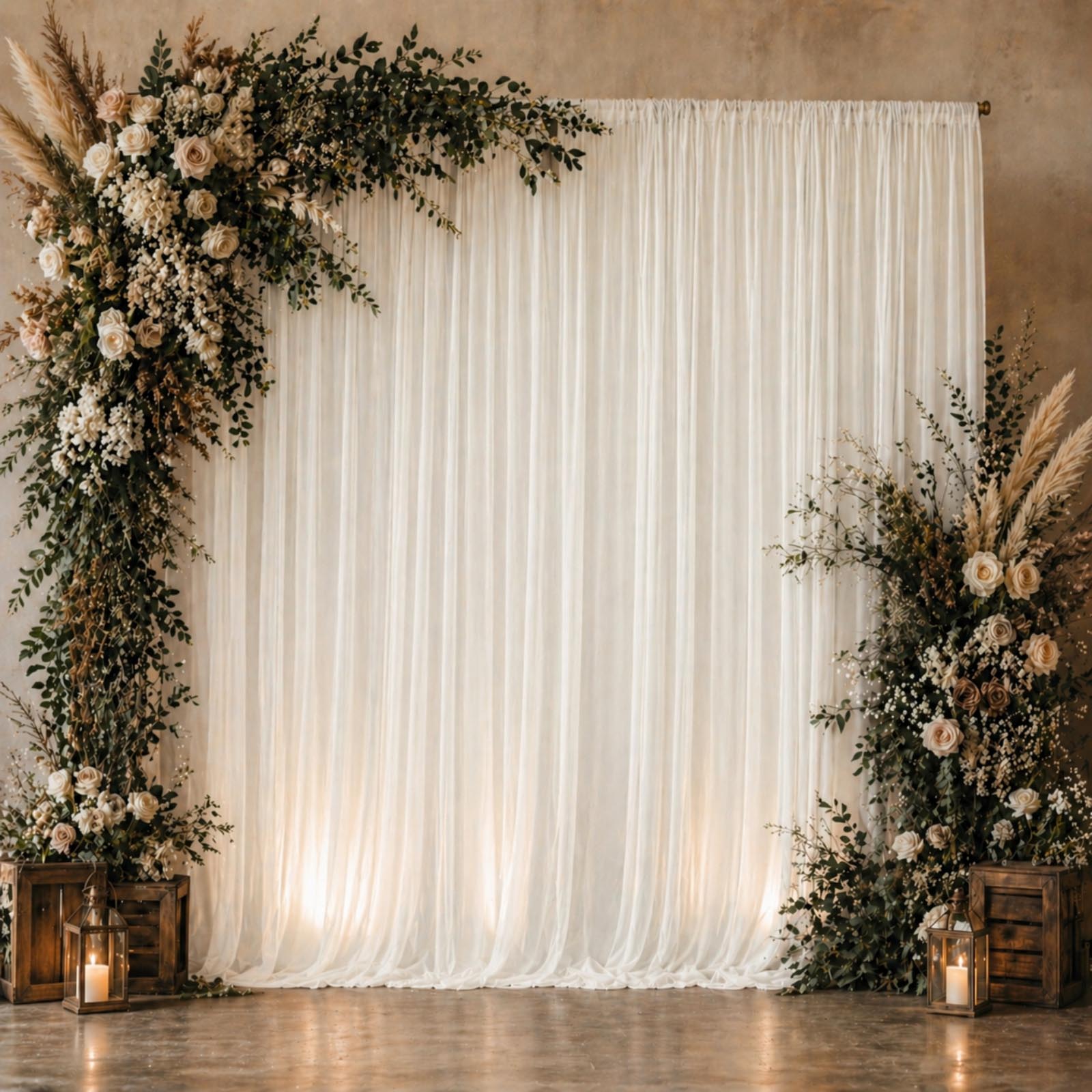 Ivory chiffon backdrop curtain panel with floral decorations.