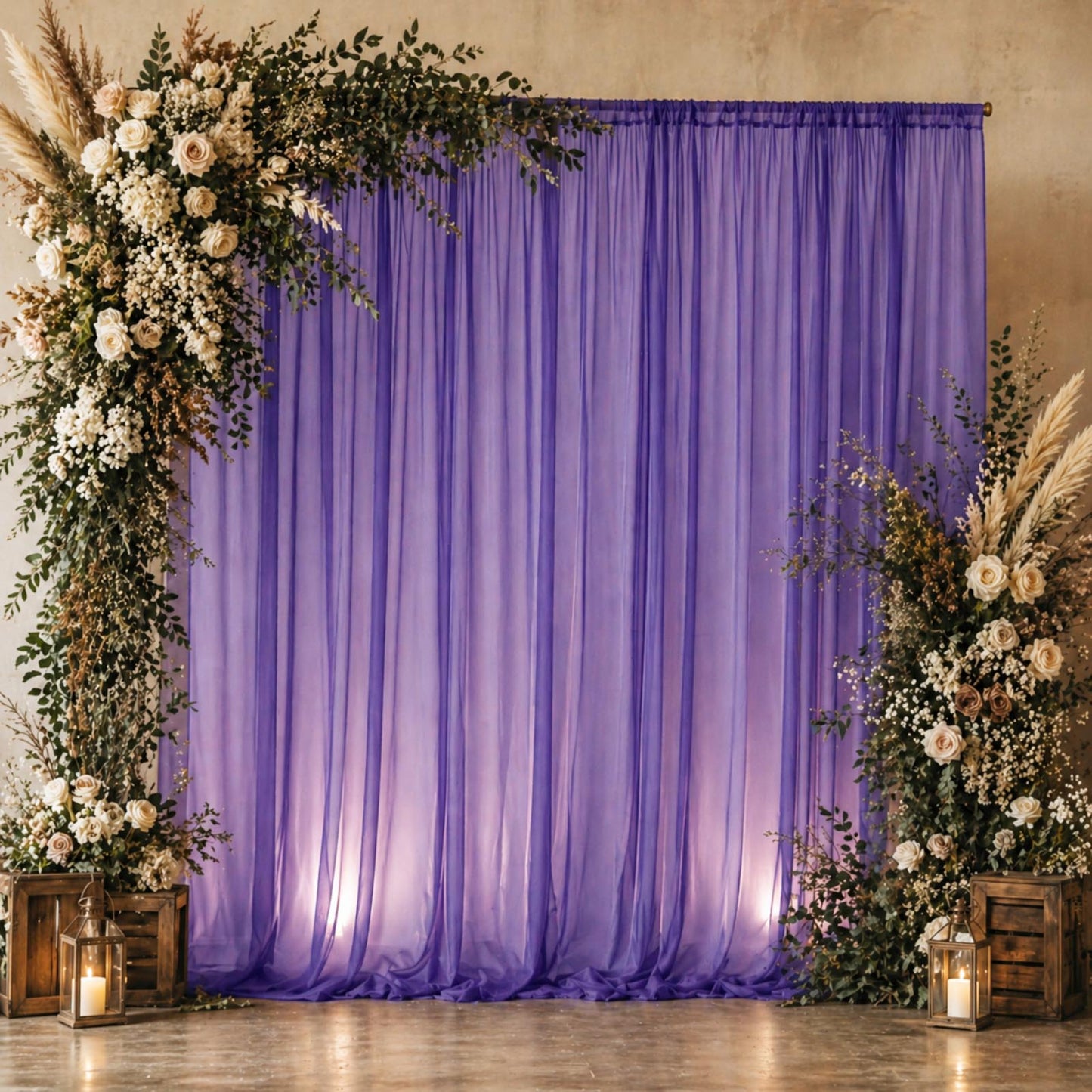 Purple chiffon backdrop curtain panel with sheer draping fabric.