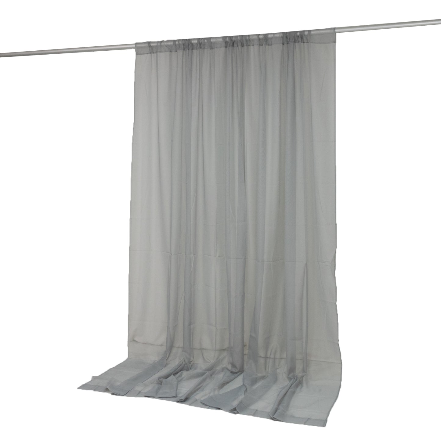 Silver chiffon backdrop curtain panel hanging from a rod.