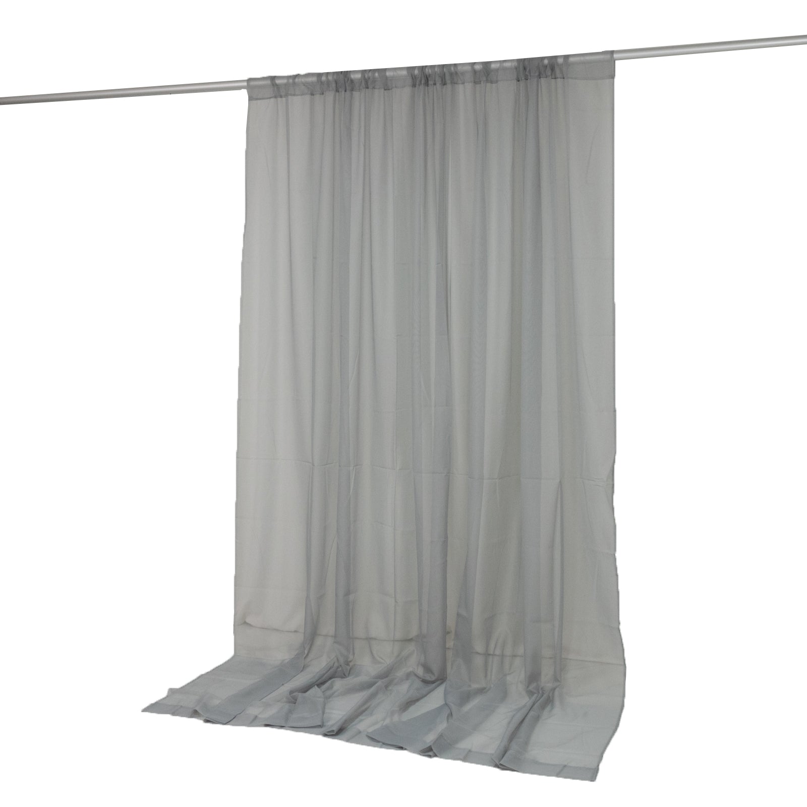 Silver chiffon backdrop curtain panel hanging from a rod.