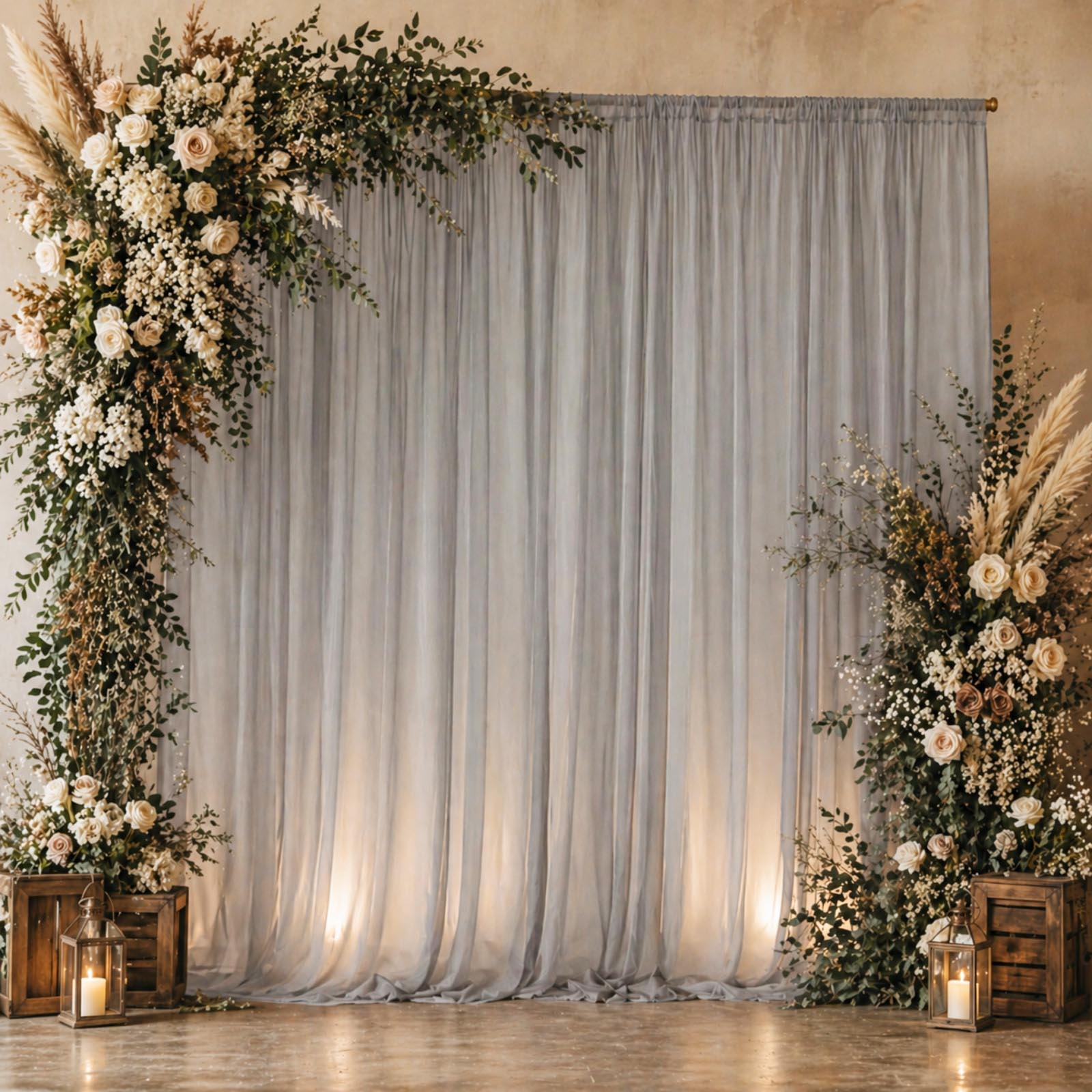 Silver chiffon backdrop curtain panel with sheer draping fabric.