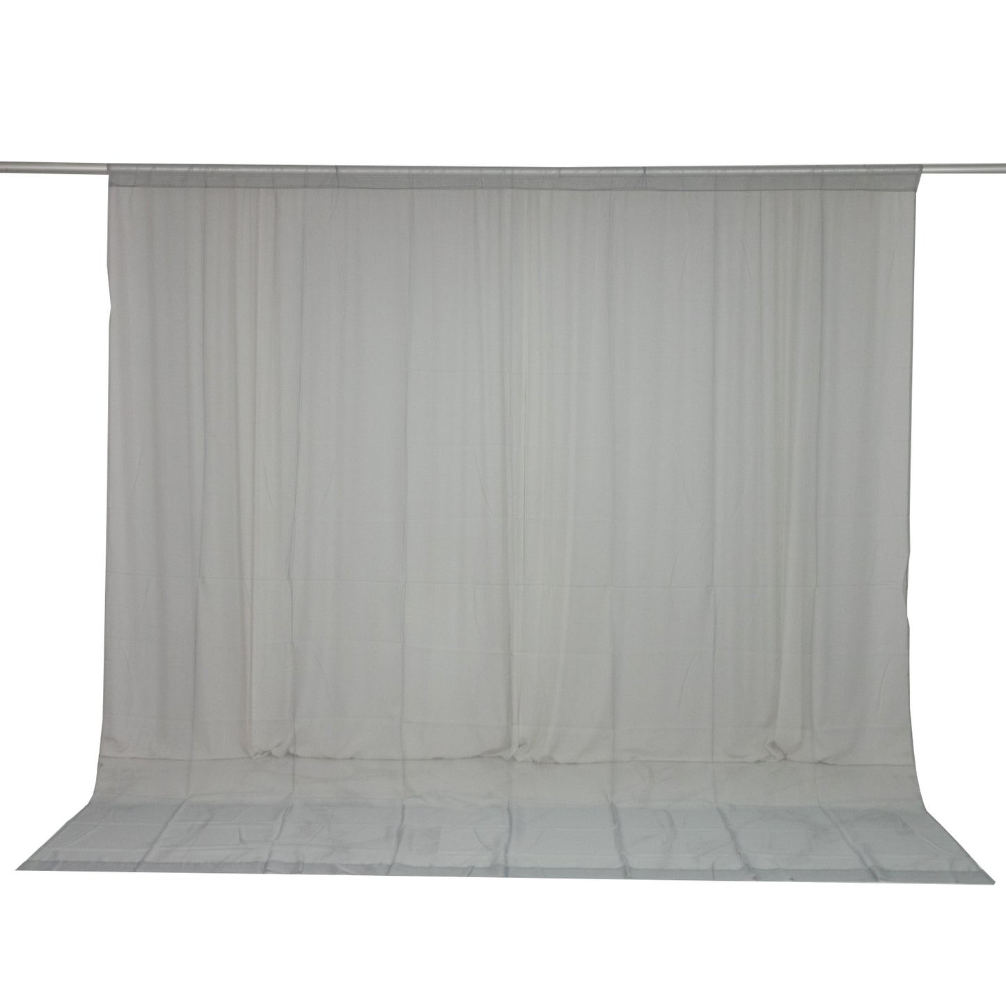 Silver chiffon backdrop curtain panel, 10ft x 10ft, sheer and flame resistant.