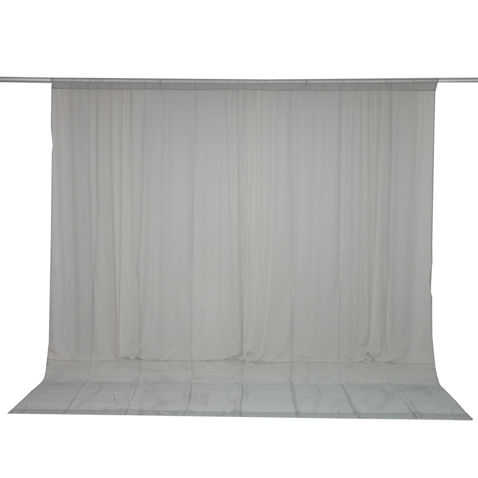 Silver chiffon backdrop curtain panel, 10ft x 10ft, sheer and flame resistant.