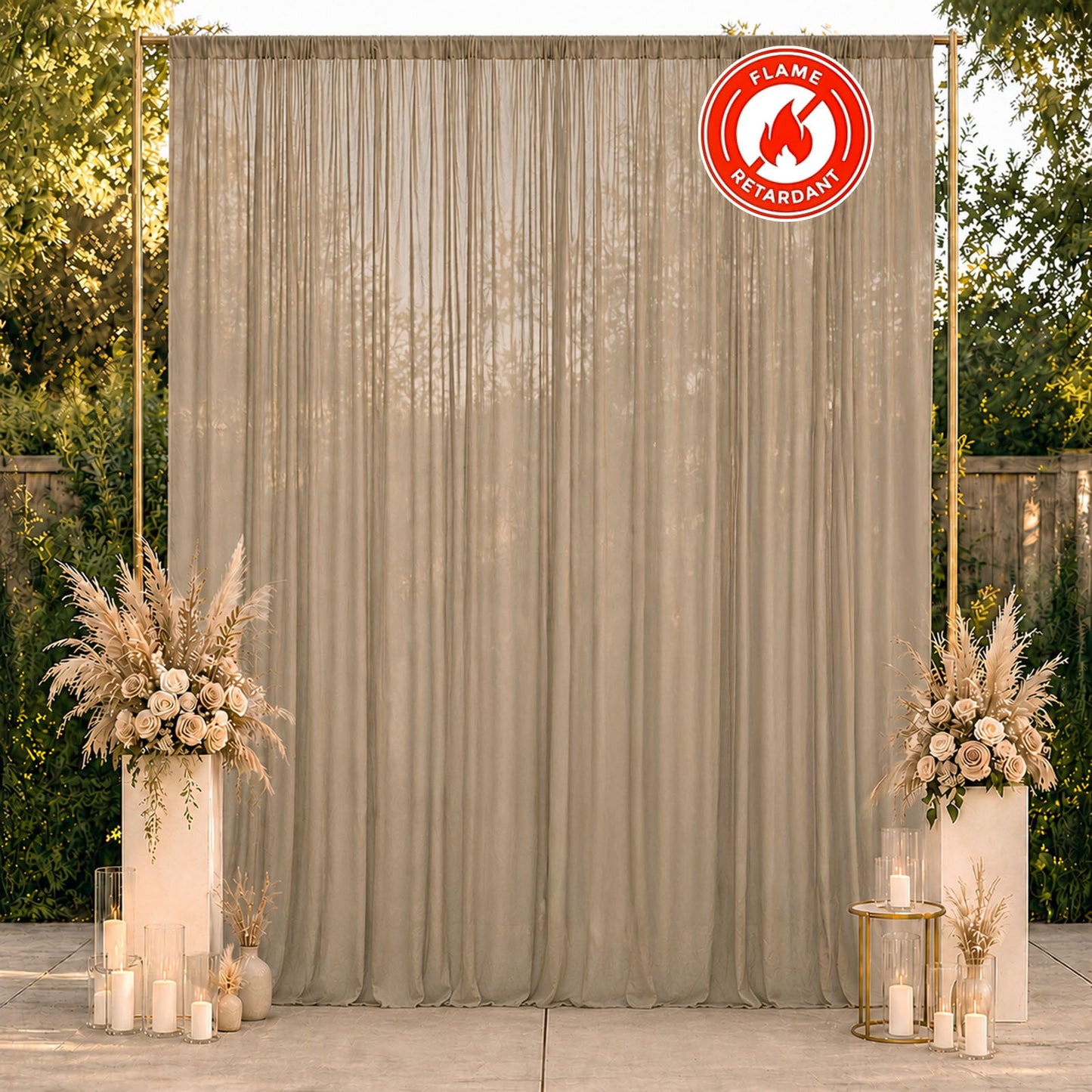 Natural chiffon backdrop curtain panel in a serene outdoor setting.