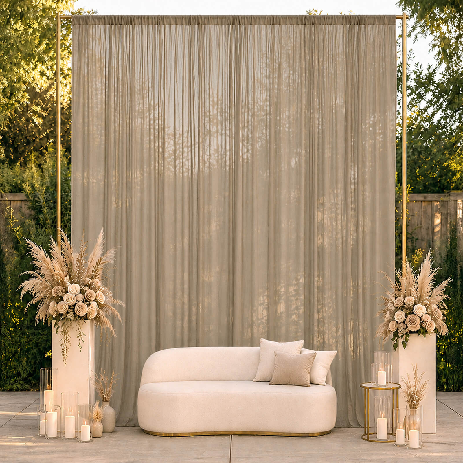 Natural chiffon backdrop curtain panel in a serene outdoor setting.