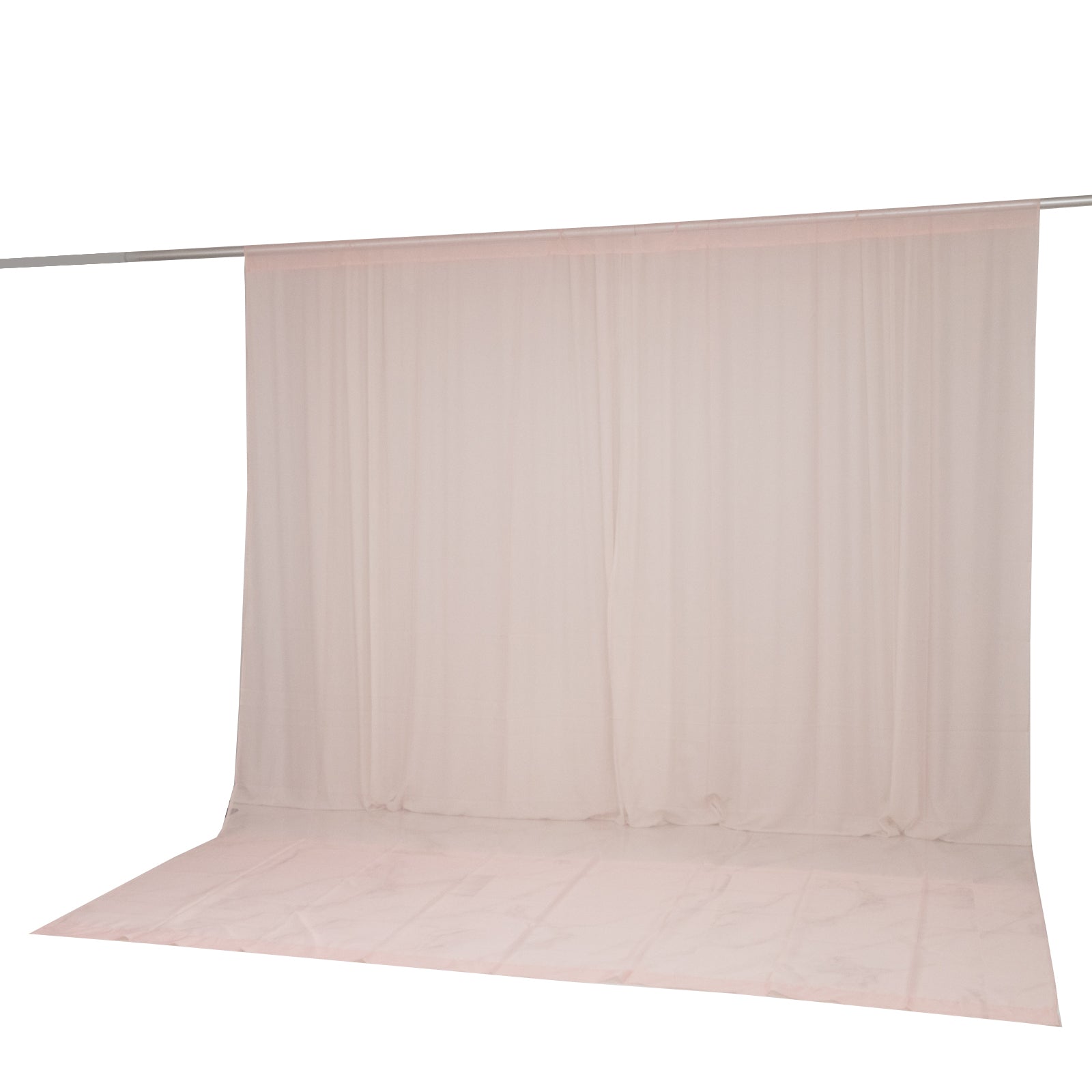 Blush chiffon backdrop curtain panel, sheer draping fabric with rod pocket.