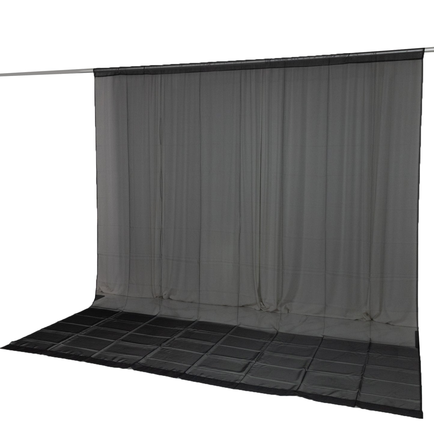 Black chiffon backdrop curtain panel, flame resistant sheer draping fabric.