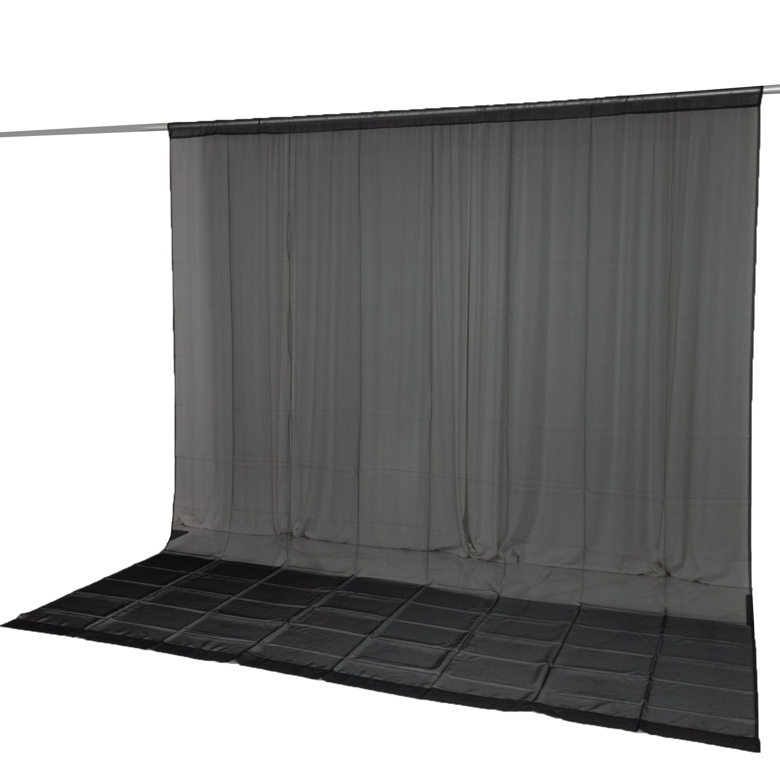 Black chiffon backdrop curtain panel, flame resistant sheer draping fabric.