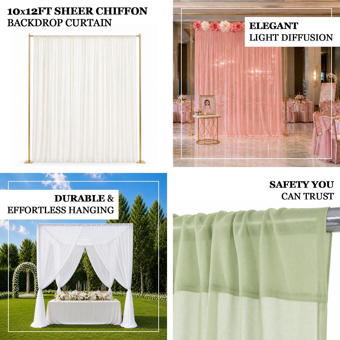 10ft x 12ft Chiffon Backdrop Curtain Panel – Black Durable Flame Resistant Sheer Draping Fabric with