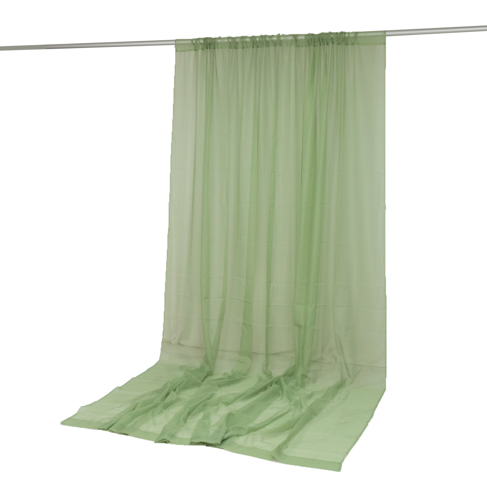 Sage green chiffon backdrop curtain panel, sheer and flame resistant.