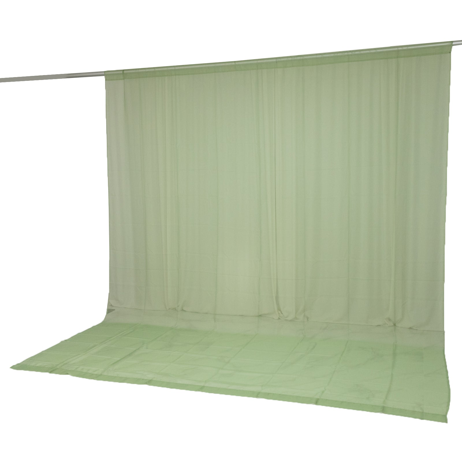 Sage green chiffon backdrop curtain panel, flame resistant sheer fabric.