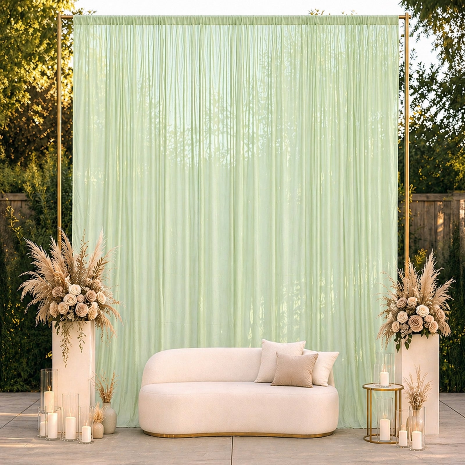 Sage green chiffon backdrop curtain panel with sheer draping fabric.