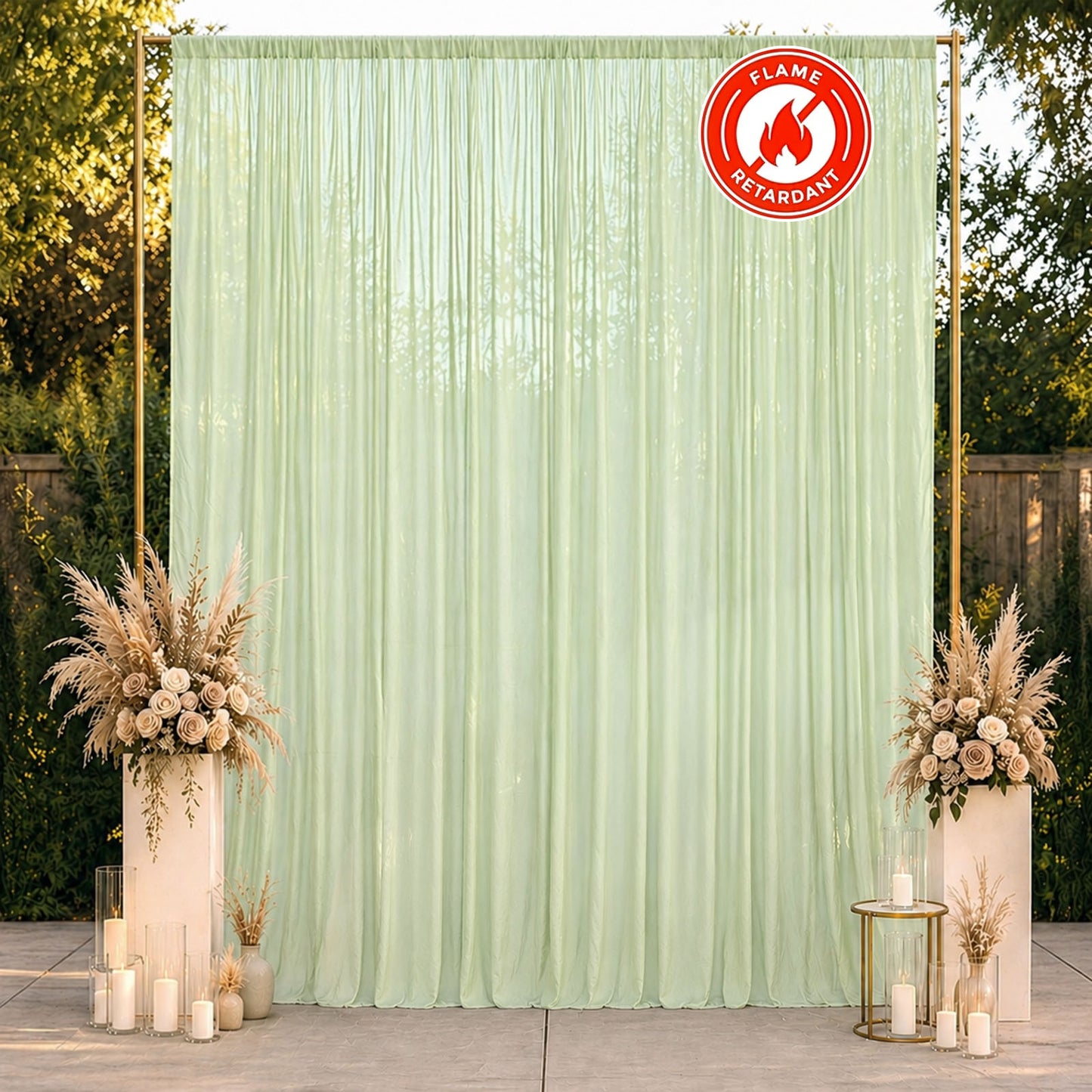 Sage green chiffon backdrop curtain panel with sheer draping fabric.