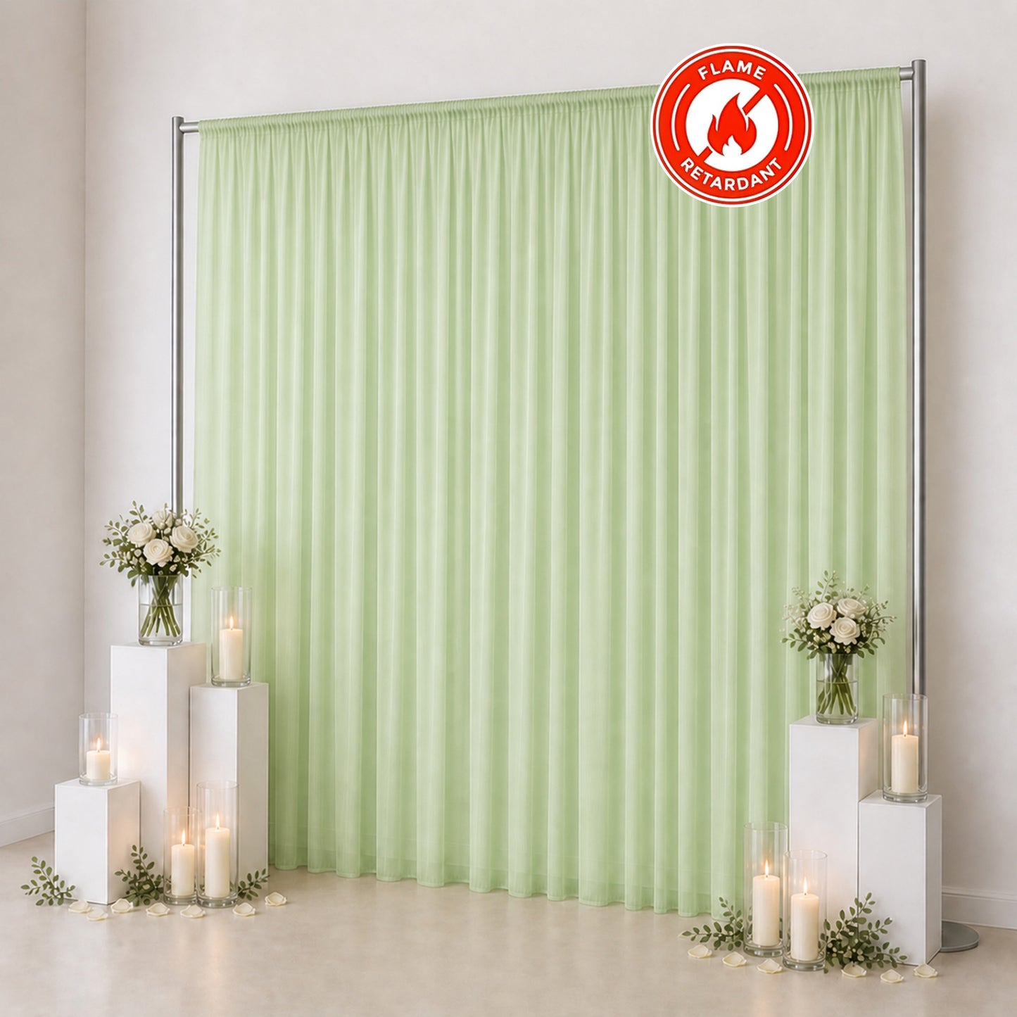Light green flame retardant curtain backdrop for elegant event decor