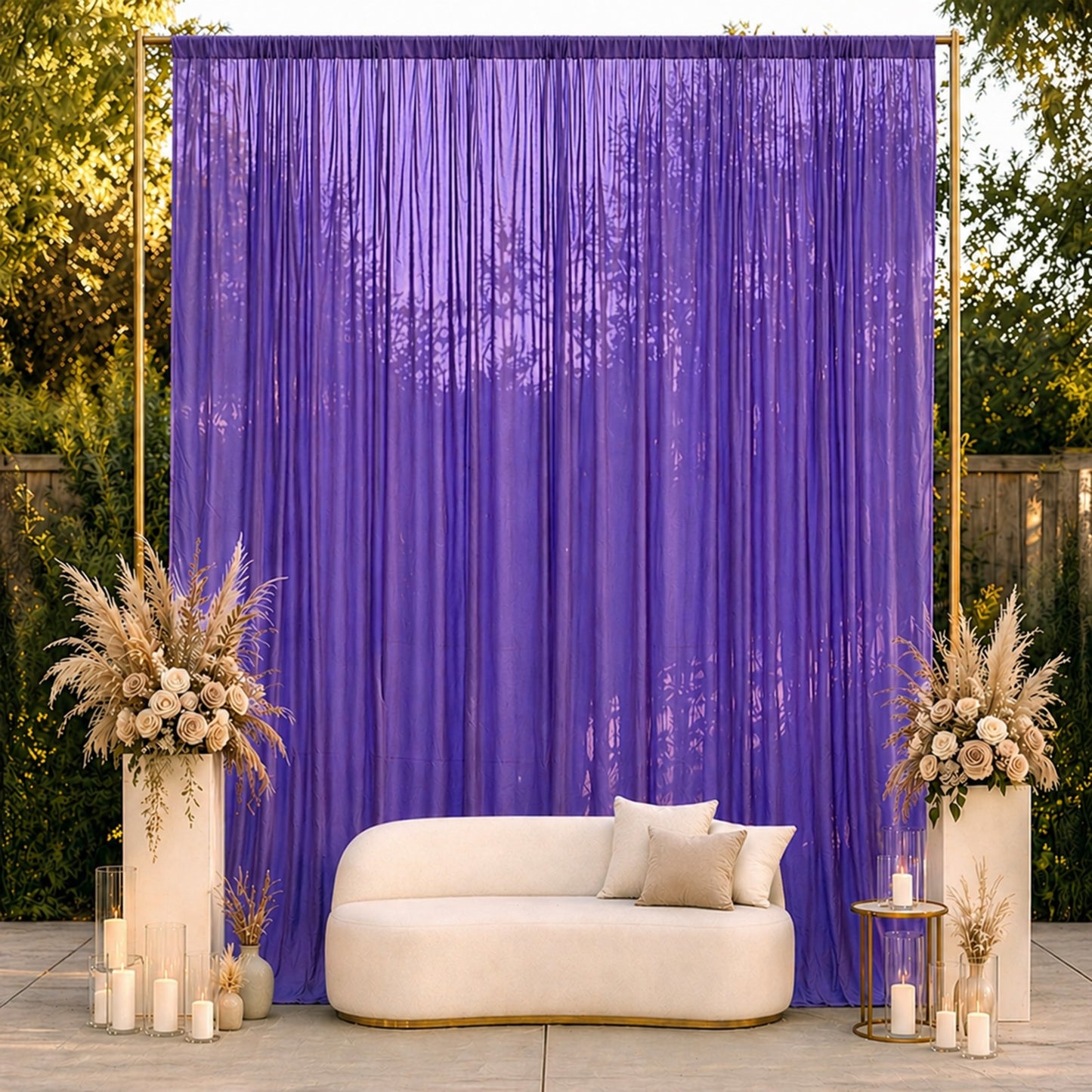 Purple chiffon backdrop curtain panel in a serene outdoor setting.