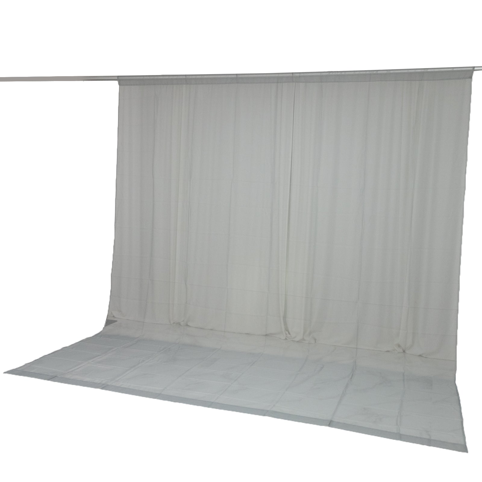 Silver chiffon backdrop curtain panel, durable and flame resistant.