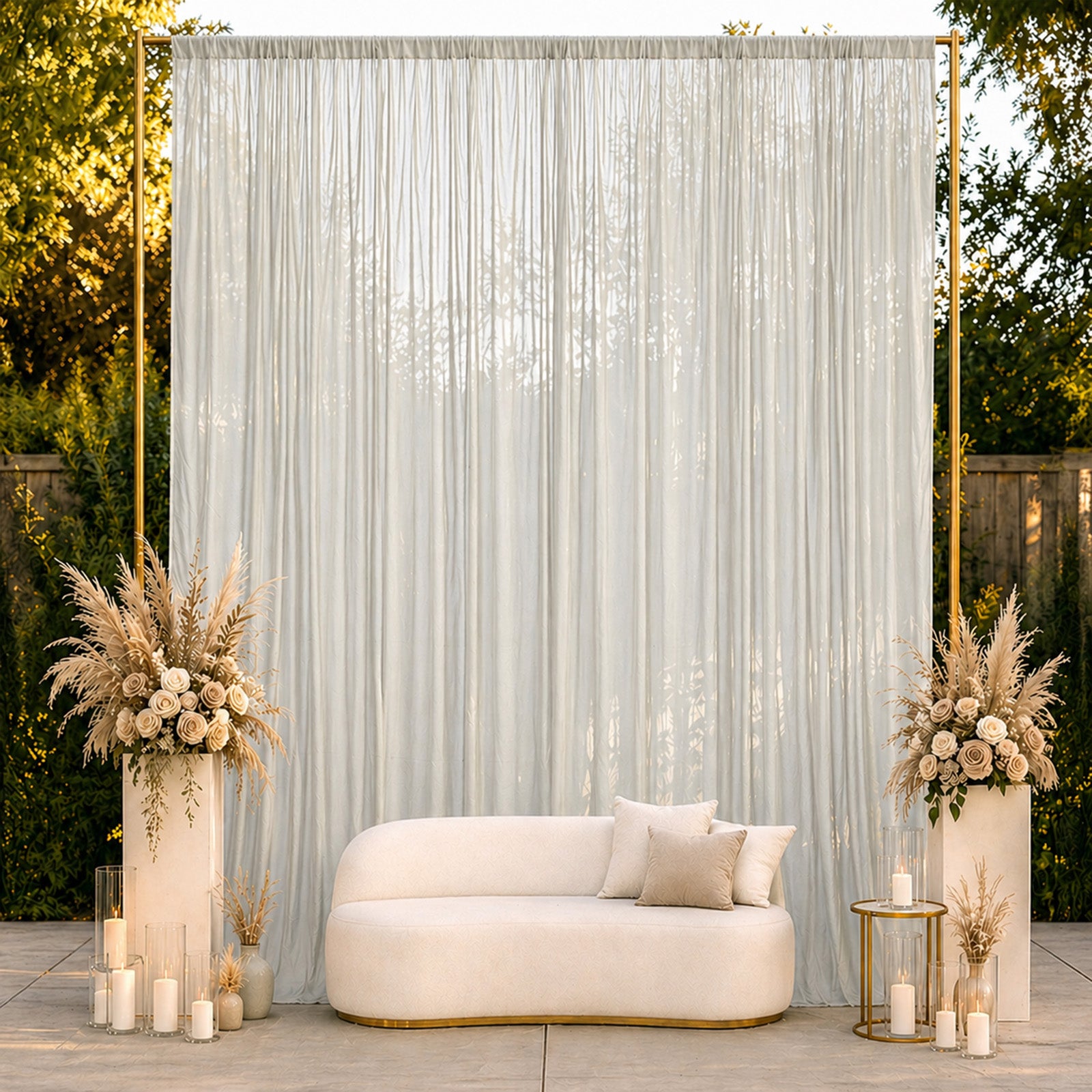 Silver chiffon backdrop curtain panel in a serene outdoor setting.