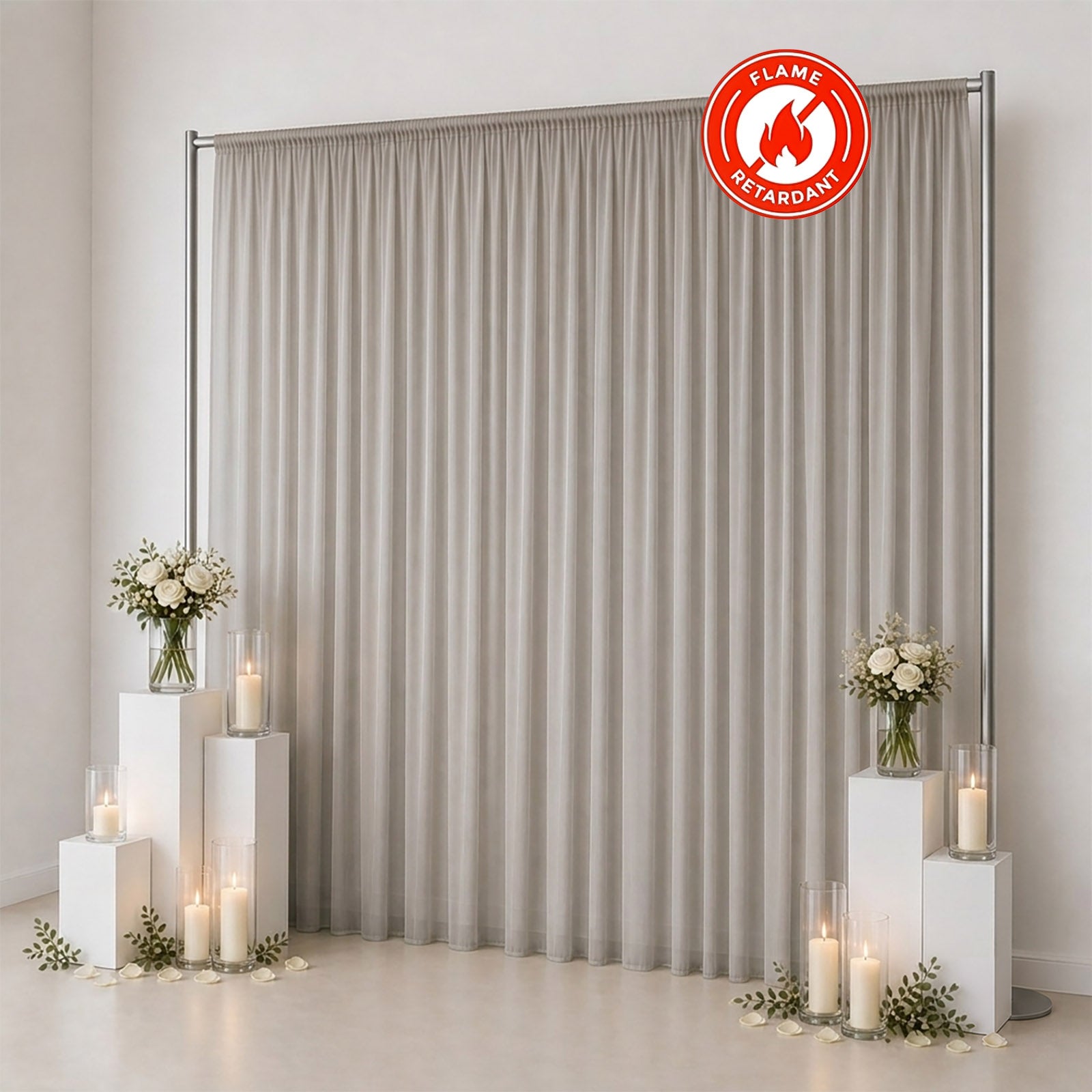 Flame-retardant light gray pleated curtain with wedding candles and floral decor