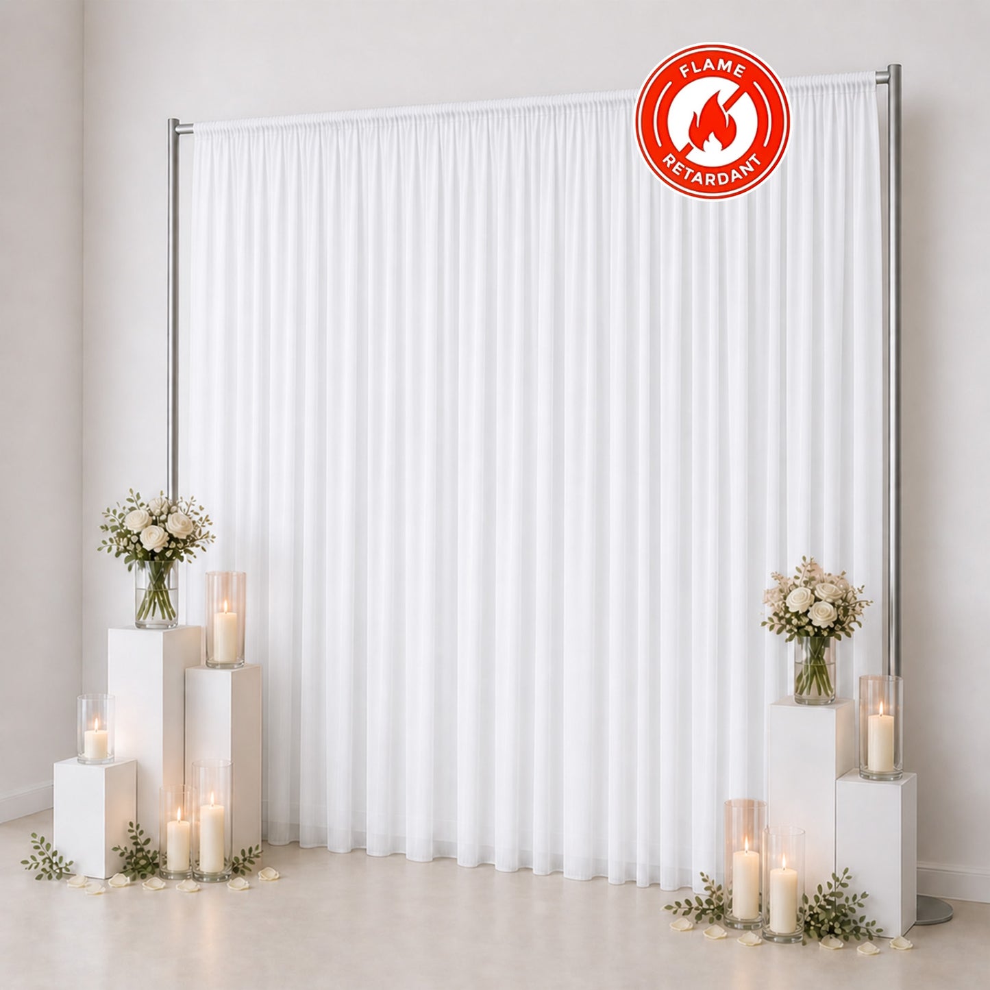 White flame retardant backdrop curtain with candles and floral wedding decor